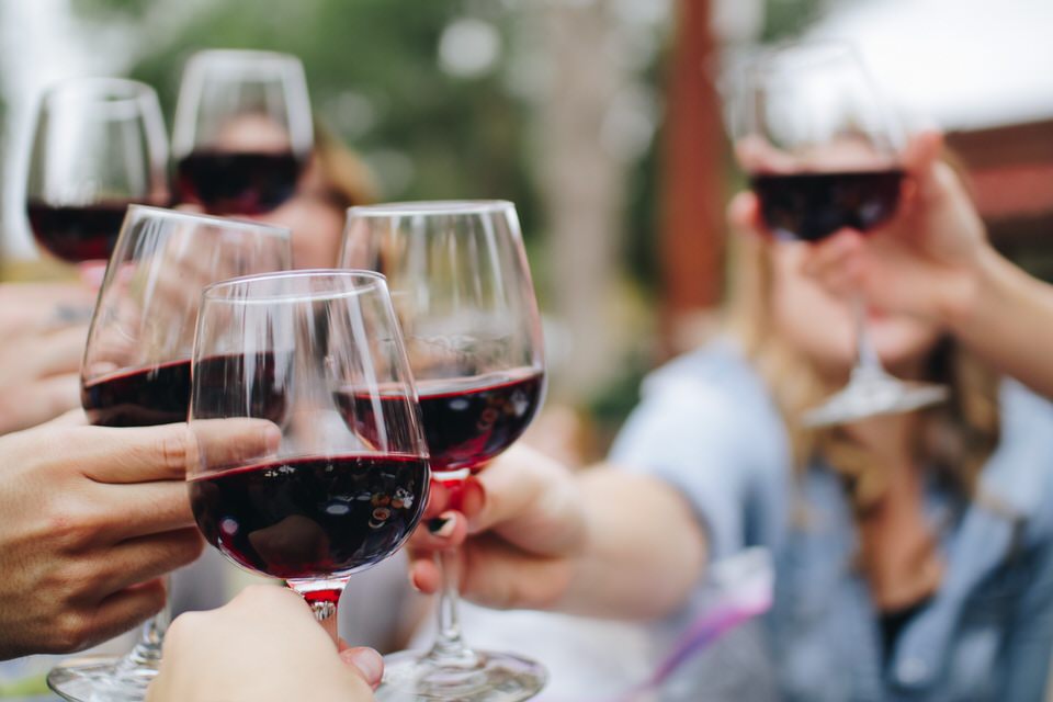 A photo of a group of people holding up glasses of wine